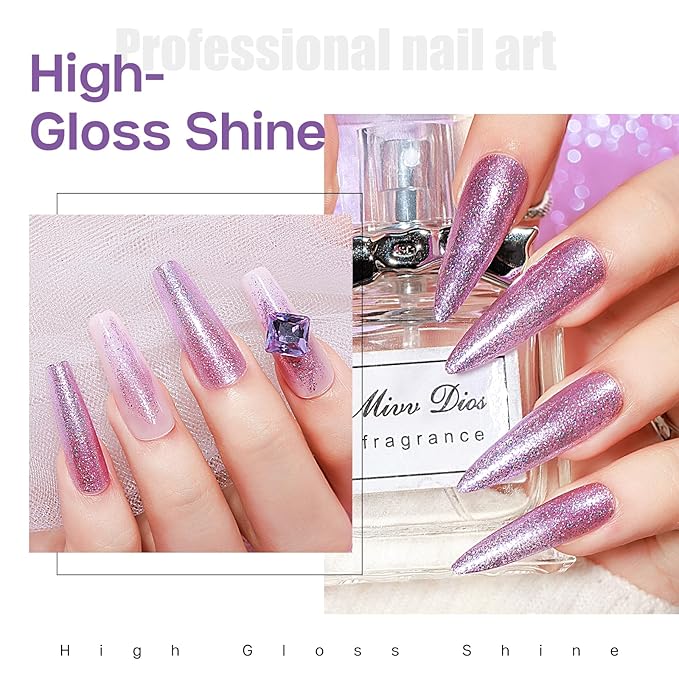 MIZHSE Quick Dry Glitter Purple Nail Polish, Shimmery Nail Polish Air Drying Fast, 15ml High Glossy Sparkly Shiny Nail Art Salon Manicure Home