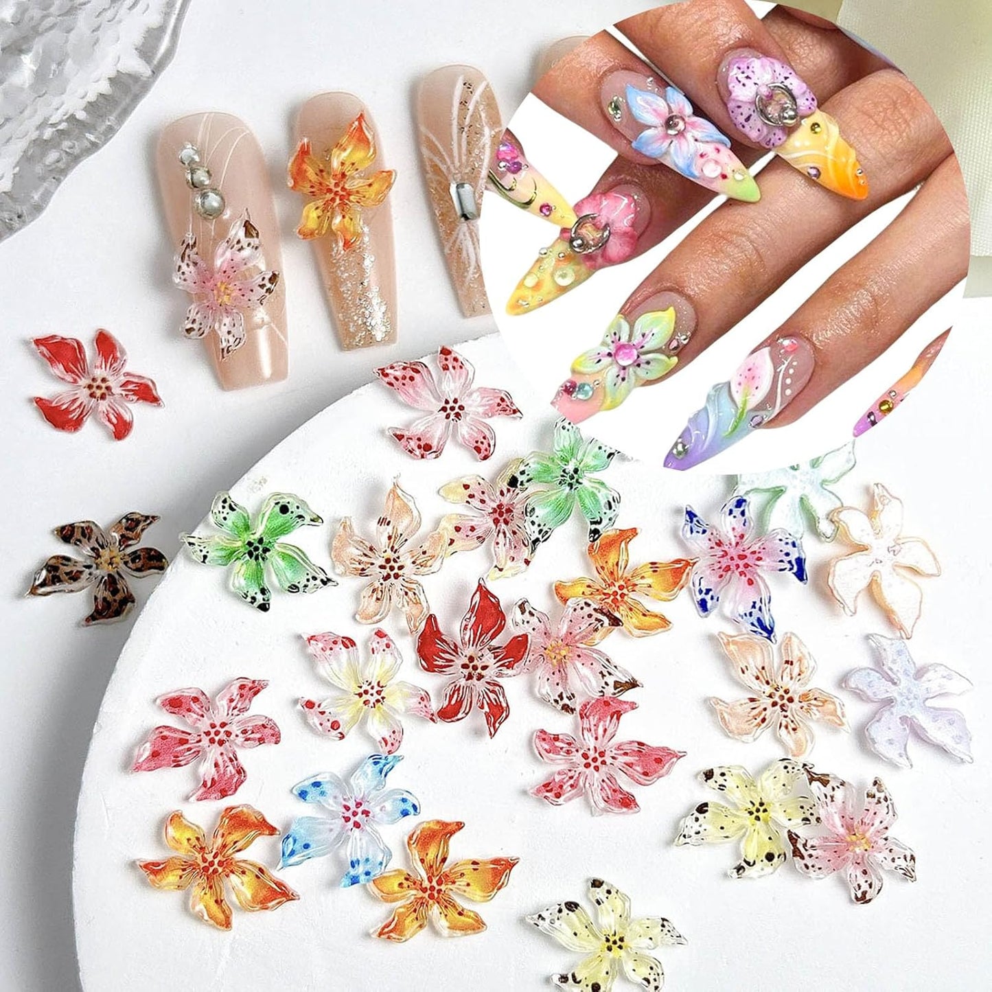 150PCS Flower Nail Charms, 3D Hawaii Hibiscus Floral Nail Rhinestones Spring Summer Nail Jewelry Tiny Flowers Acrylic Nail Design for Women Girls DIY Manicure Nail Decorations Accessories