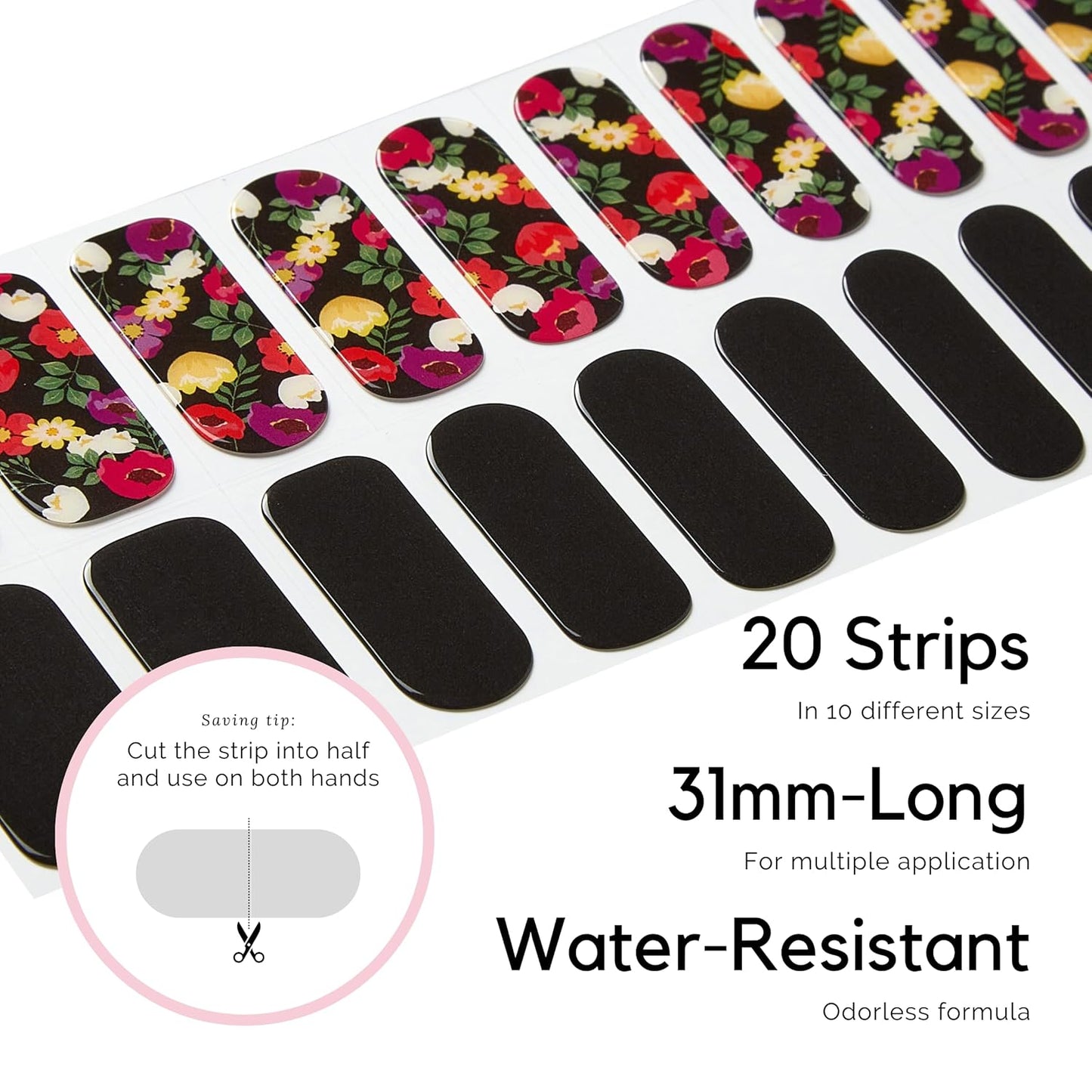NAILOG Semi Cured Gel Strips - 20 Pcs Nail Stickers | Buy 2 Get 1 UV Light | Extra Long Wraps With Glossy Gel Finishing Black Flowers, Poppy