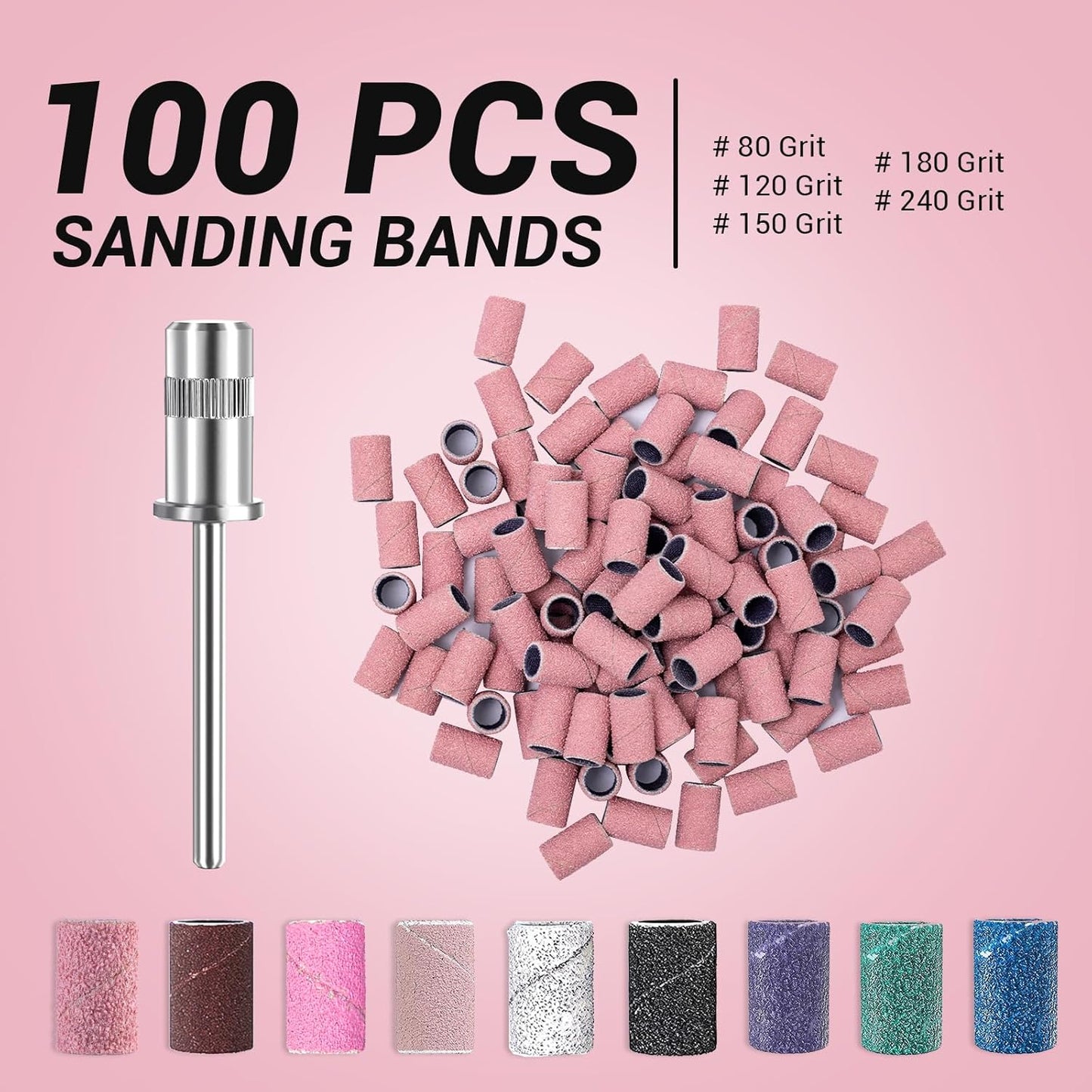 MelodySusie 100 Pcs Nail Drill Bits Sanding Bands for Nail Drill 80 Coarse Grit Nail File Sanding Bands for Acrylic Nails Gel Manicures and Pedicure