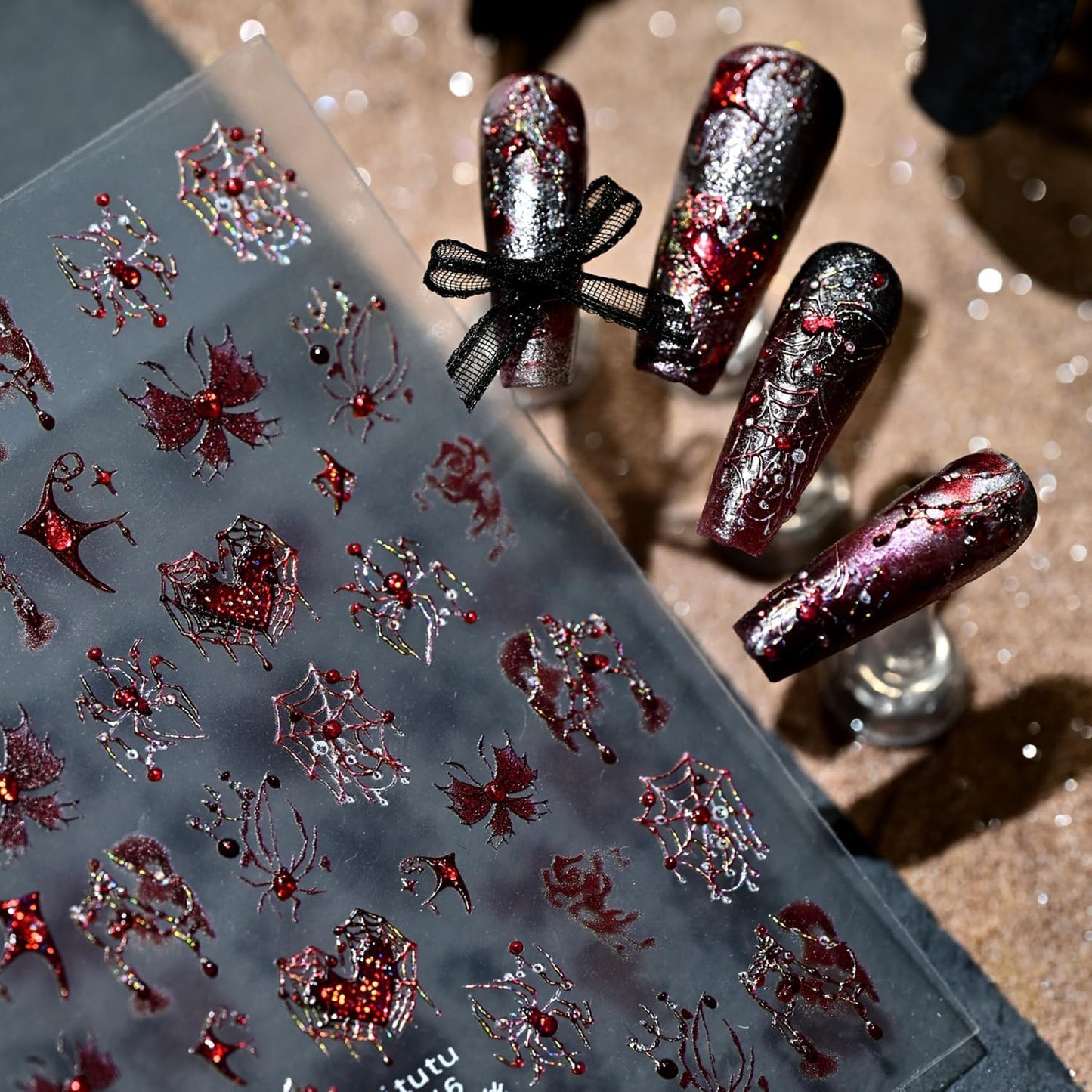 1 Sheets Halloween Nail Stickers for Nail Art 5D Self-Adhesive Embossed Spider Web Nail Art Stickers with Glitter Red Spider Butterfly Heart Bat Nail Decals Halloween Nail Design Sticker for Women