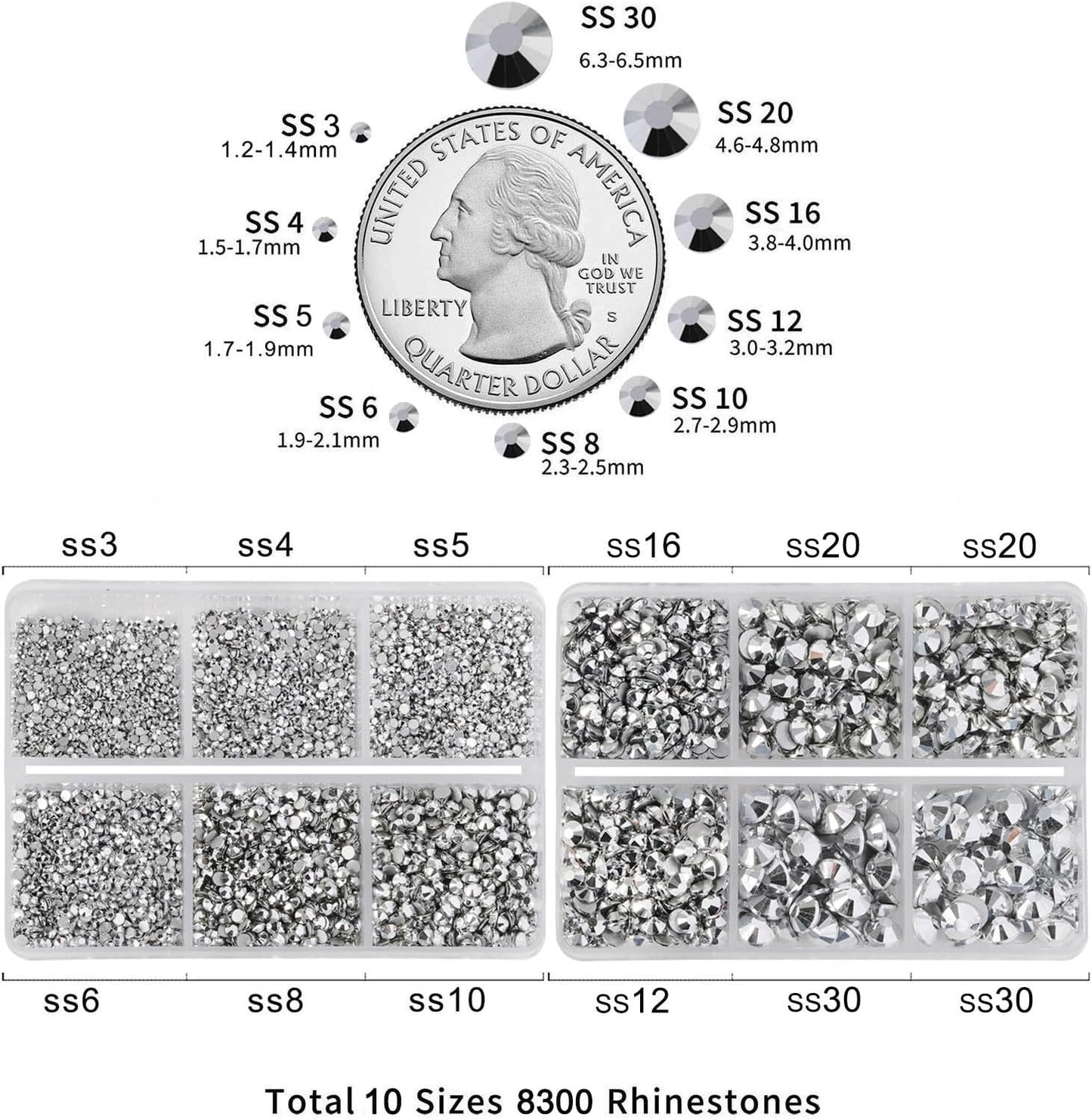 Beadsland 8300PCS Flatback Rhinestones, Silver Rhinestone Nail Gems Round Crystal Rhinestones for Crafts, Mixed 10 Sizes with Wax Pencil and Tweezer Kit, SS3-SS30, Silver Hematite