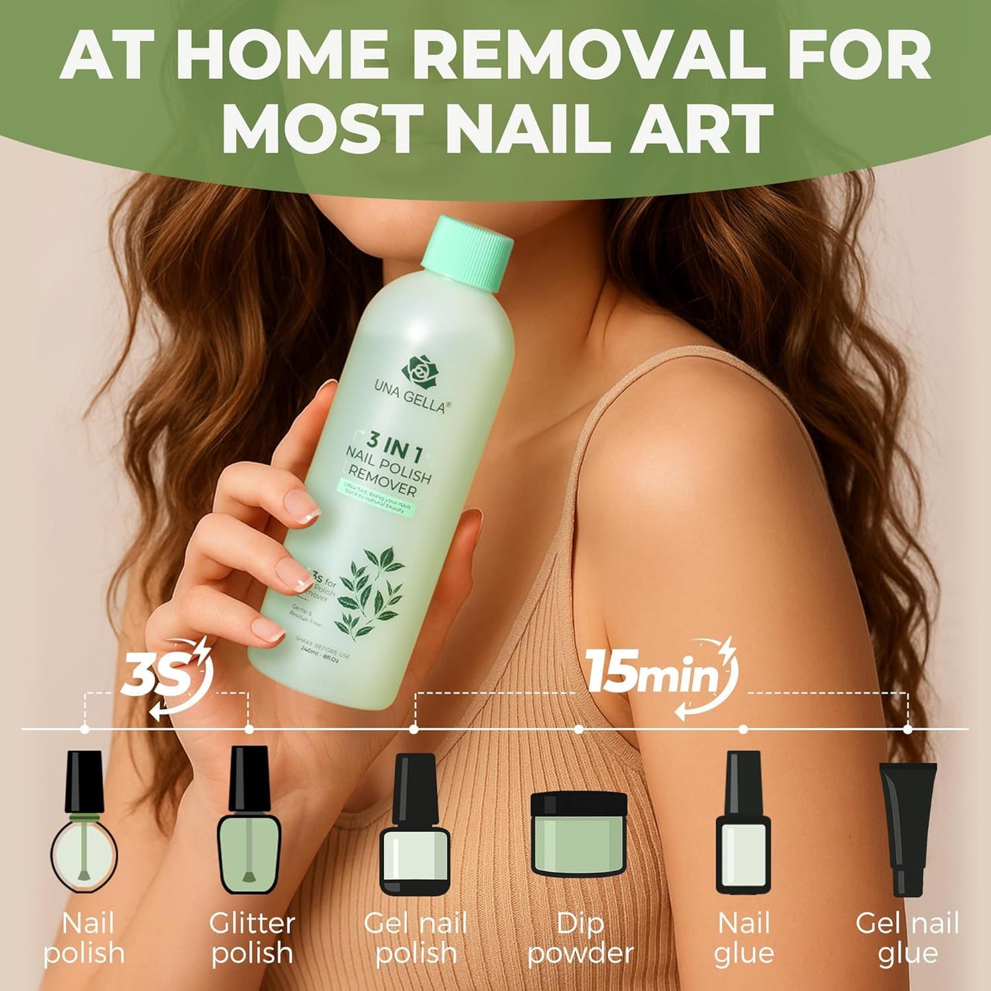 UNA GELLA Nail Polish Remover, Soak Off Acetone Polish Remover For Nails With Easy Use Cap, Healthy Formula Works For Nail Glue 8 Fl Oz, Green Tea Scent