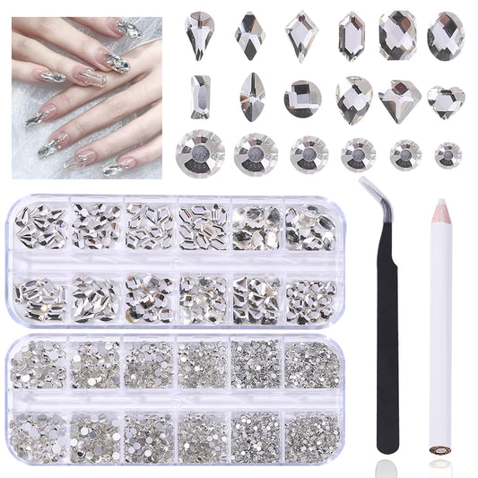 3120 White Diamond Nail Rhinestones, HOINCO Crystal Nail Rhinestones, 3D Mixed Size Crystal AB Flat Bottom Gemstone for Nail Art DIY Craft Decoration with Crayon Tweezers