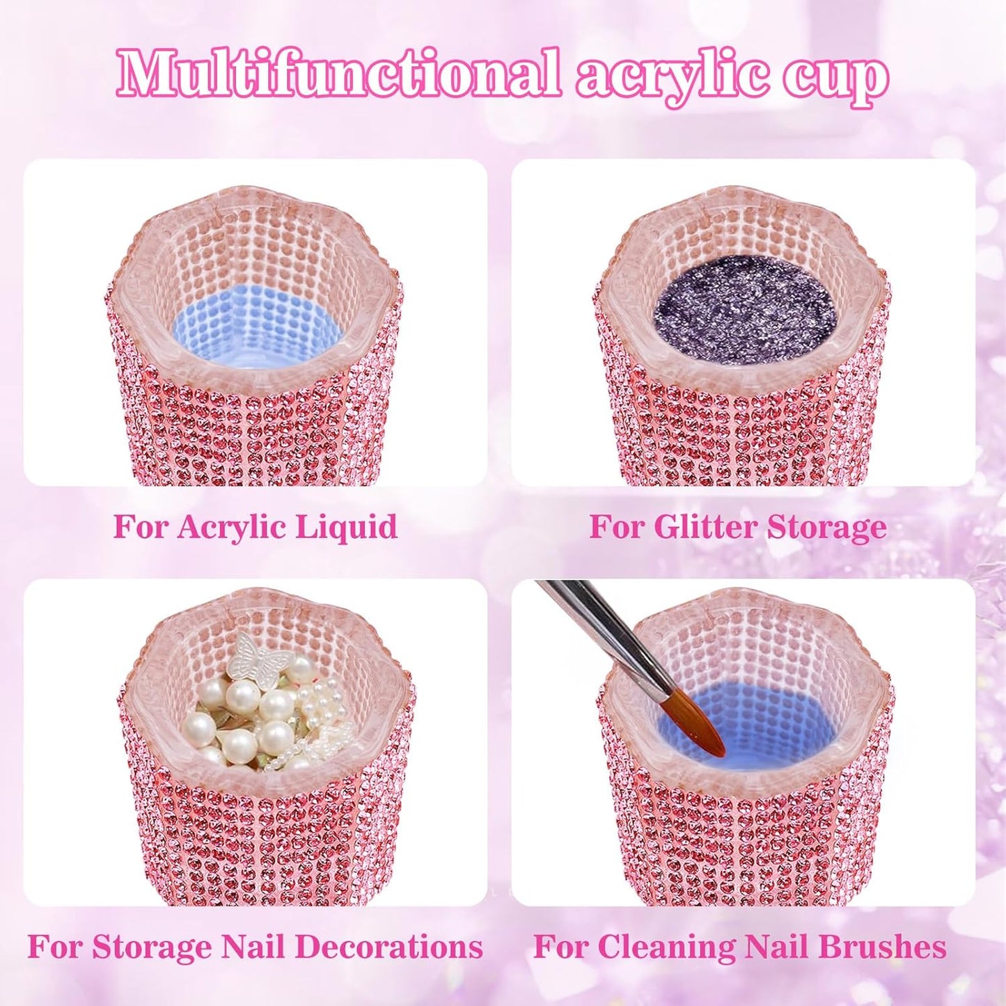 Glass Dappen Dish for Acrylic Nails, Crystal Glitter Acrylic Liquid Powder Glass Cup Nail Liquid Glassware Bowl, Octagon (YSHJB020-2pcs-Pink)