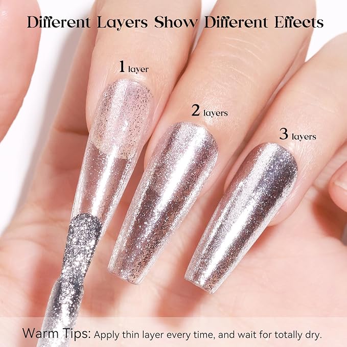 MIZHSE Quick Dry Glitter Nail Polish, Silver Nail Polish Air Dry Fast, 15ml 0.5 fl oz High Glossy Sparkle Shiny Shimmery Chrome Nail Pigment Nail Art Salon Manicure Home