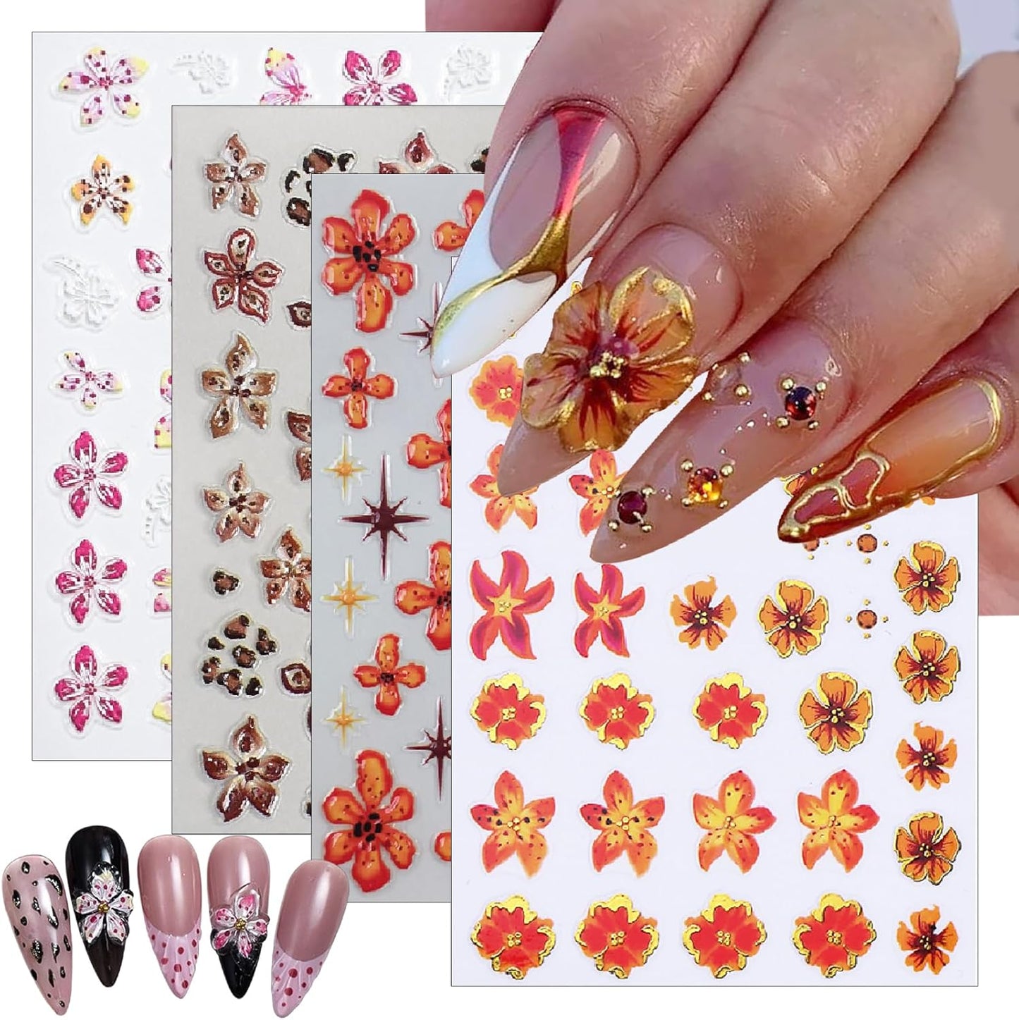 Hawaiian Flowers Nail Stickers 5D Embossed Lily Flower Stickers for Nails Hibiscus Floral Decals Leopard Floral Nail Design Pegatinas para Uñas for Women Girls DIY Manicure Decorations 4 Sheet