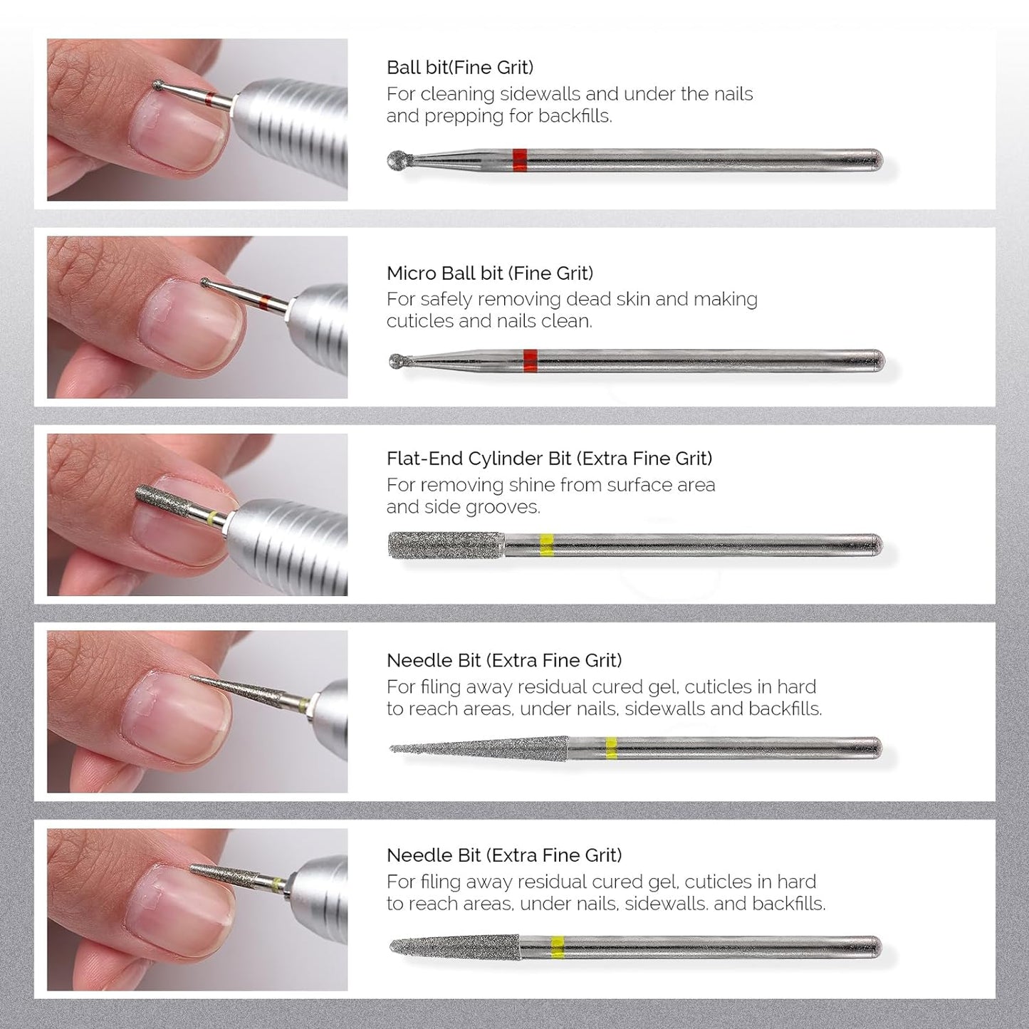 MelodySusie 10pcs Nail Drill Bits Set, 3/32 Inch Diamond Cuticle Nail Bits Kit for Nail Drill E-File, Manicure Pedicure Remover Tools for Acrylic Gel Nails, Salon Home Nail Care Supplies, Silver