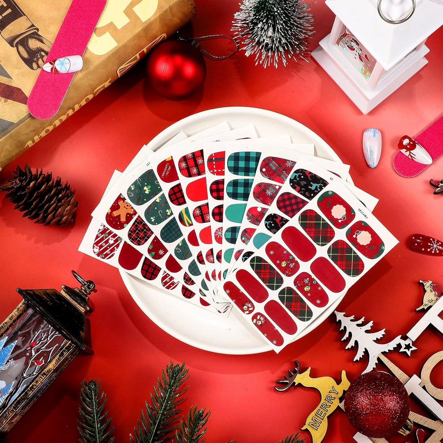 140 Pcs 10 Sheets Christmas Full Wrap Nail Stickers Polish Strips Plaid Gradient Stickers Glitter Self Adhesive DIY Art Decals Strips with 2 Pcs Nail Files for Xmas Decor (Plaid Style)