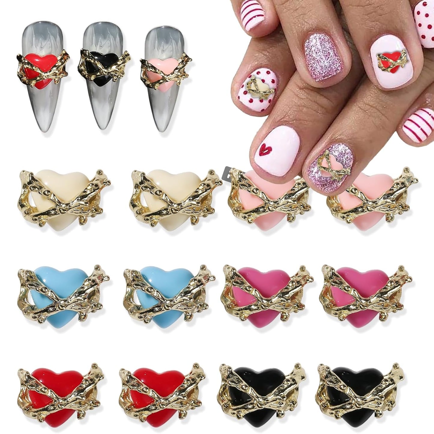 KTAABTR Valentines Nail Charms 12pcs Alloy Heart Nail Art Charms Design Valentines Day Nail Charms Red Pink Black Heart Nail Charms for Women DIY Manicure Valentines Heart Charms Decoration