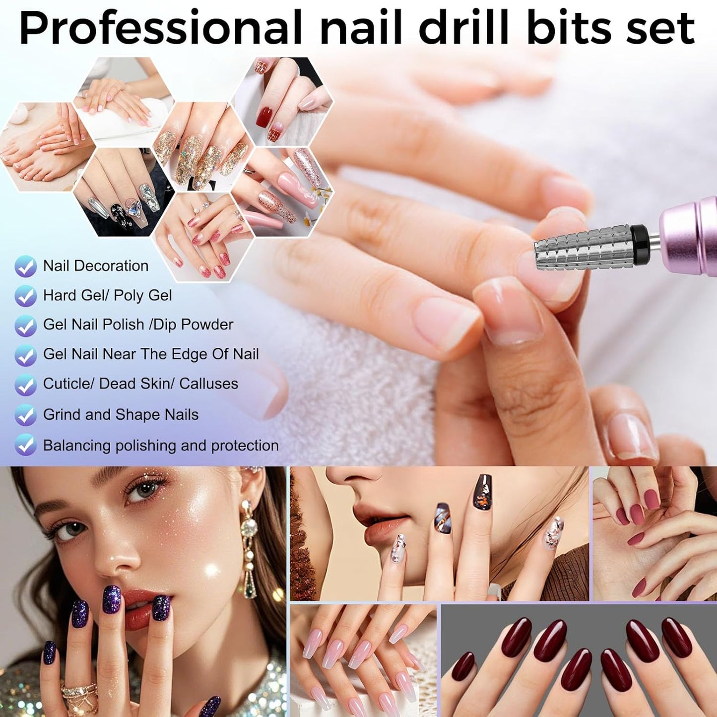 Fantexy 5 in 1 Nail Drill Bits,Professional 3/32" Shank Tungsten Steel Bits for Acrylic Nails,Manicure,Nail Art,Drill Machine,Both Left and Right Handed - Two Way Rotate Use (Extra Coarse - XC)
