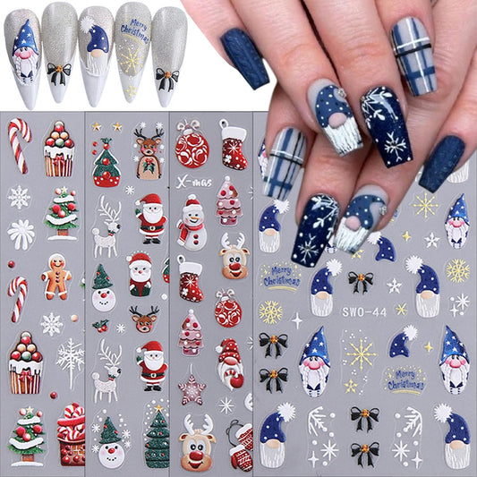 Xmas Nail Art Stickers Decals 5D Embossed Santa Claus Snowman Gingerbread Man Christmas Tree Snowflakes Elk Pattern Nail Decals Cute Nail Stickers for DIY Christmas Party Nail Designs 4 Sheets