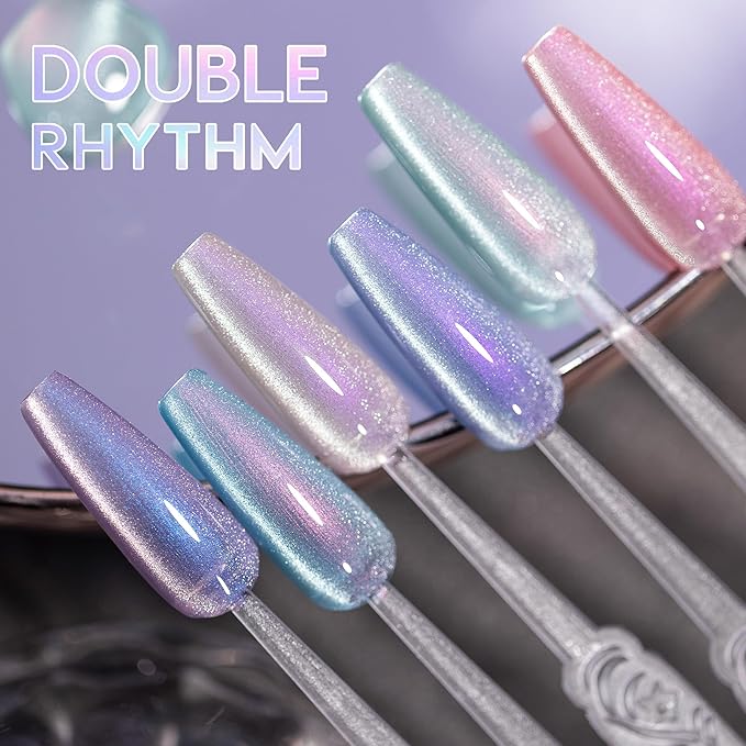 Double Rhythm 6 Colors Cat Eye Gel Polish Set Shimmer Glitter with Magnet Holographic Reflective Magnetic UV Nail Art Kit (6-Kit 11)