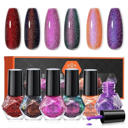 modelones Nail Polish Set 6 Colors, Christmas Red Green Glitter Quick Dry Mini Nail Lacquer Kit Winter Hot Pink Blue Purple Orange Holographic Sparkle Holiday Manicure Nail Art Gift for Women Girls