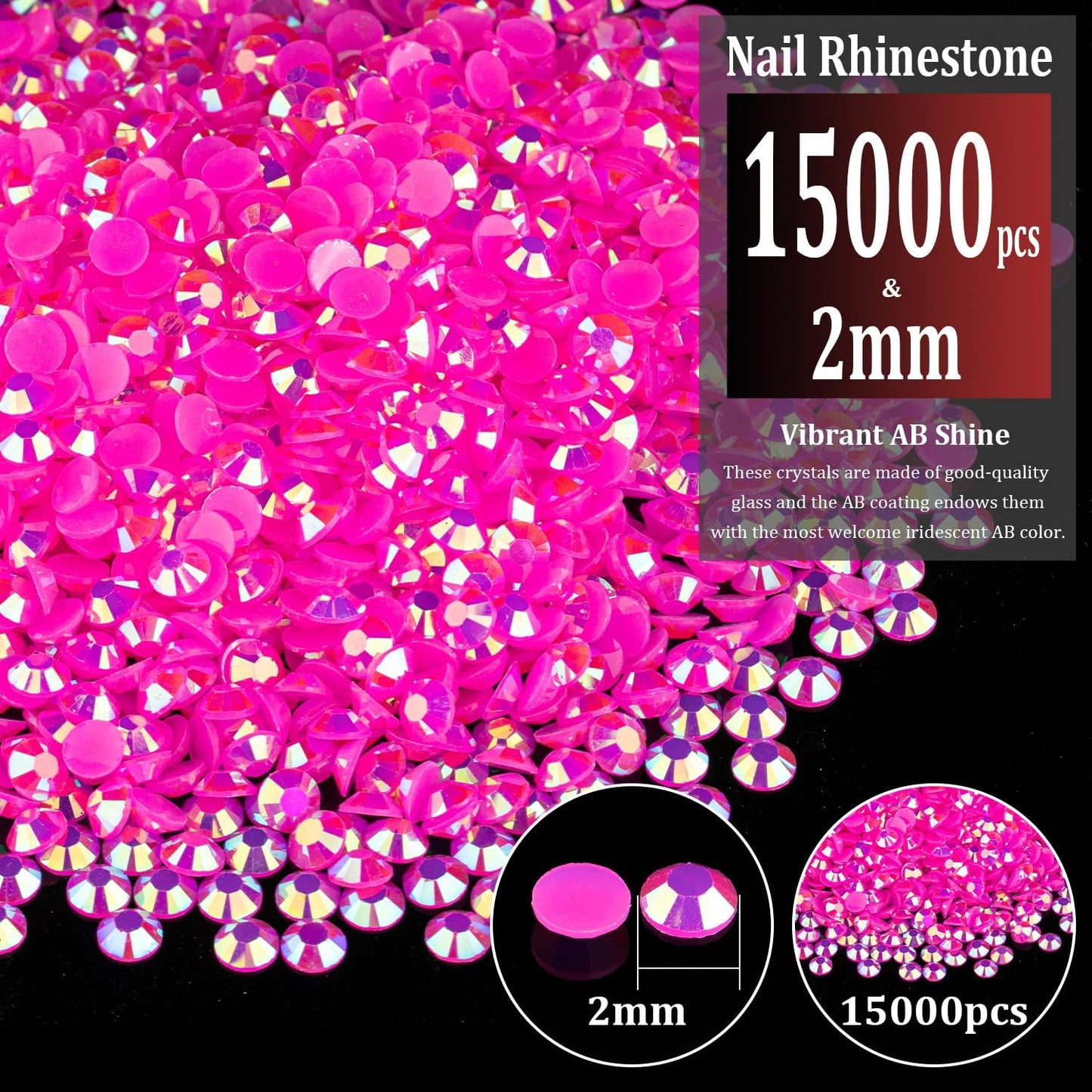 15000pcs 2mm Resin Rhinestones Bulk, Hot Pink AB Flatback Round Jelly Rhinestones Bedazzling Non Hotfix Crystal Gems Large Quantity Wholesale for DIY Crafts Clothes Tumblers Face Makeup Manicure
