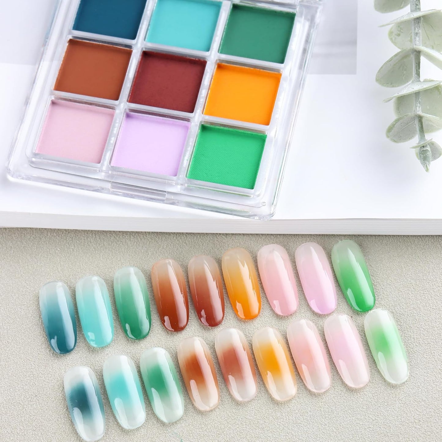 Nail Pigment Palette 9 Colors Gradient Ombre Nail Powder Set for DIY Manicure Beginners - Perfect Nail Design with Ultra Fine Powder - Includes 5 Sponge Sticks 1 Brush #07