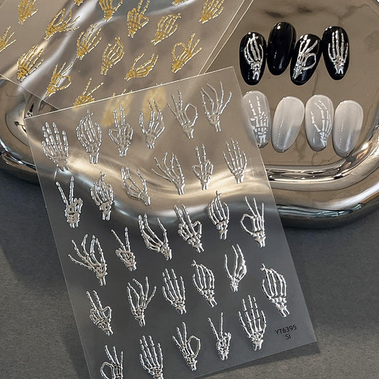 2 Sheets 5D Halloween Nail Stickers for Nail Art Self-Adhesive Embossed Hand Bones Nail Art Stickers Gold Silver Horror Hand Bone Nail Decals Halloween Nail Design Sticker for Women DIY Manicure