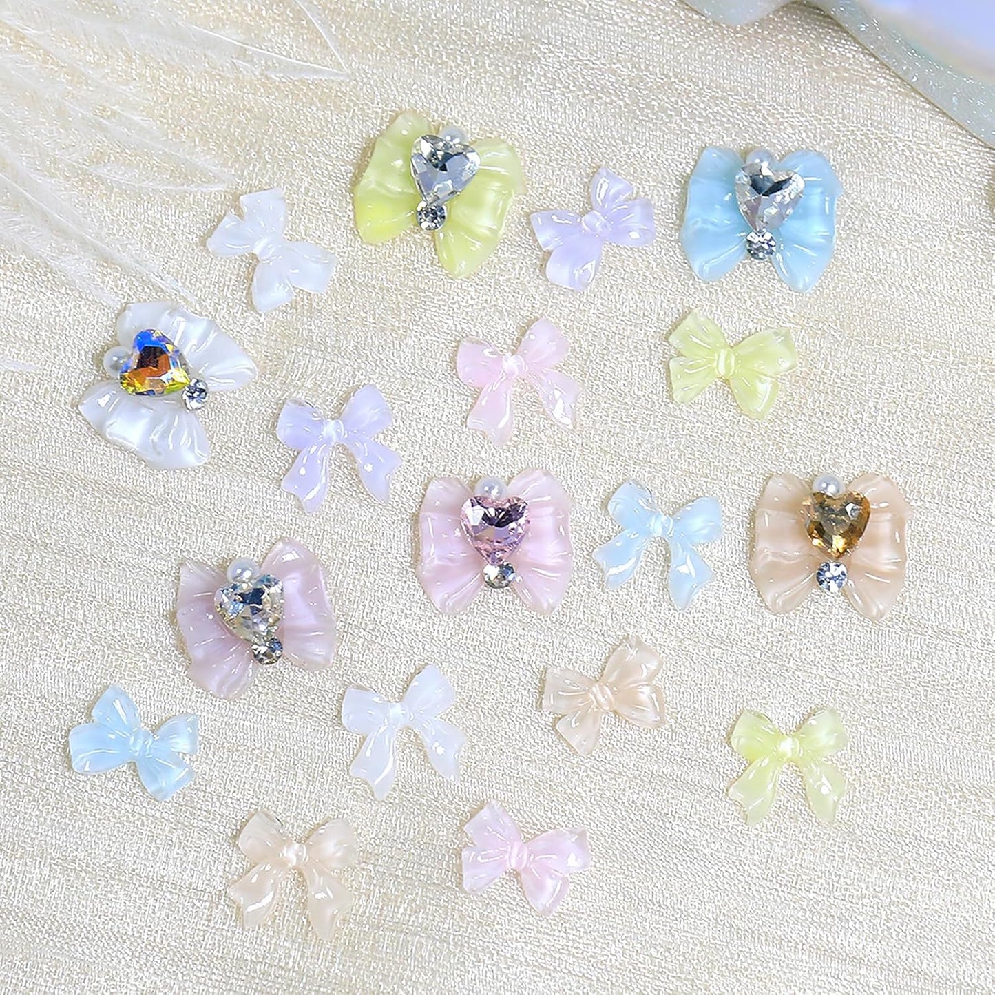 HNUIX Bow Nail Charms - Champagne, AB, White, Heart Rhinestones for Acrylic Nails, with Kit, for Nail Art, DIY Crafts Decor