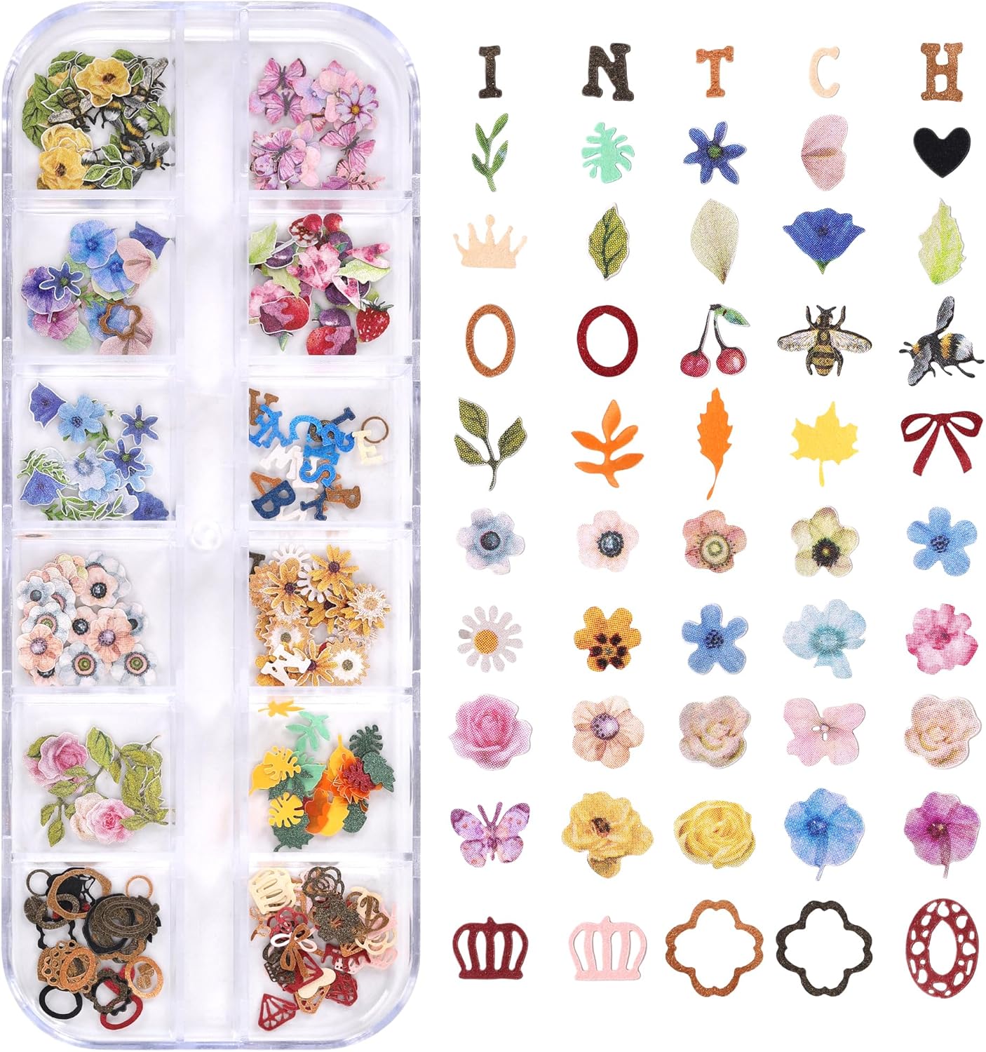 300Pcs 3D Flower Nail Art Charms Butterflies Sequins Decals Colorful Mixed Bows Letters Design Slice Nail Maple Leaves Ultra Wood Pulp Flakes Sequins 3