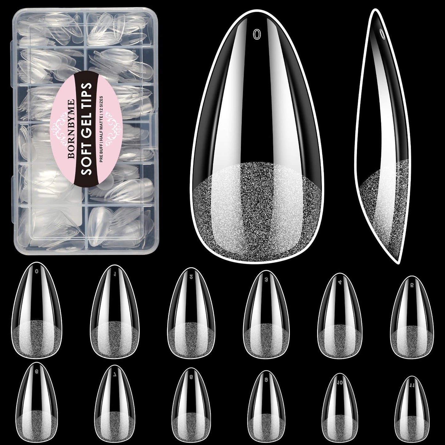 Short Almond Soft Gel Nail Tips, BORNBYME 216 PCS Pre Buff Full Cover Shaped Nail Extenison Tips Half Matte Gel Nail Tips