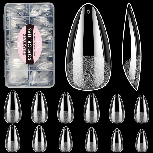 Short Almond Soft Gel Nail Tips, BORNBYME 216 PCS Pre Buff Full Cover Shaped Nail Extenison Tips Half Matte Gel Nail Tips