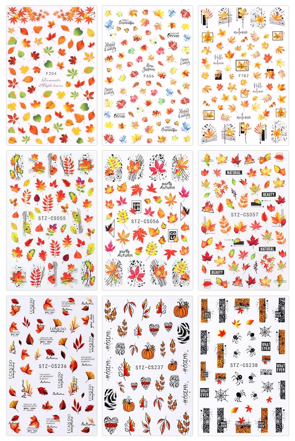 JMEOWIO 9 Sheets Fall Nail Art Stickers Decals Self-Adhesive Autumn Pumpkin Maple Leaf Nail Supplies Nail Art Design Decoration Accessories