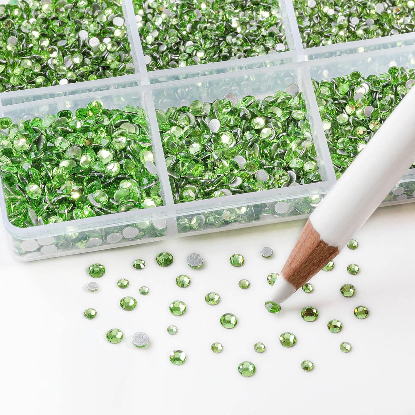 Beadsland 7200pcs Flatback Rhinestones,Light Green Rhinestone Nail Gems Round Crystal Rhinestones for Crafts,Mixed 6 Sizes with Wax Pencil Kit, SS3-SS10,Peridot/Light Green