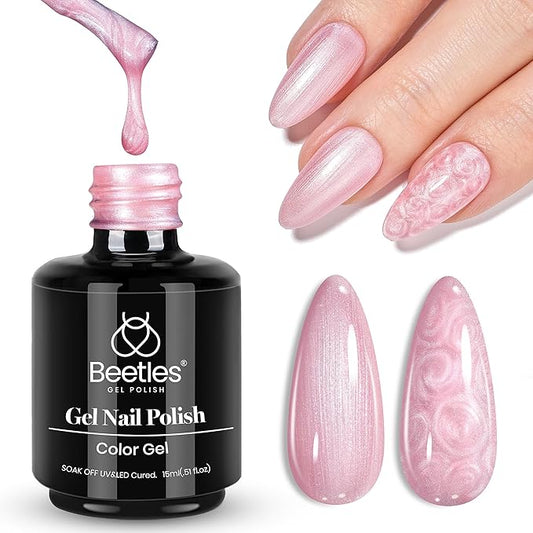 Beetles Pearl Pink Gel Nail Polish – Soft Afternoon Mermaid Gel Polish, 15ml Thread Effect Pink Nail Swirl Shell UV LED Soak Off Gel Manicure