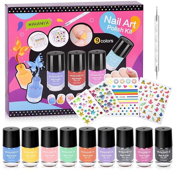 Kids Nail Polish for Girls with Gems Stickers, Non-Toxic Peel-Off Quick Dry Mini Nail Polish 9 Colors Set for Ages 3+