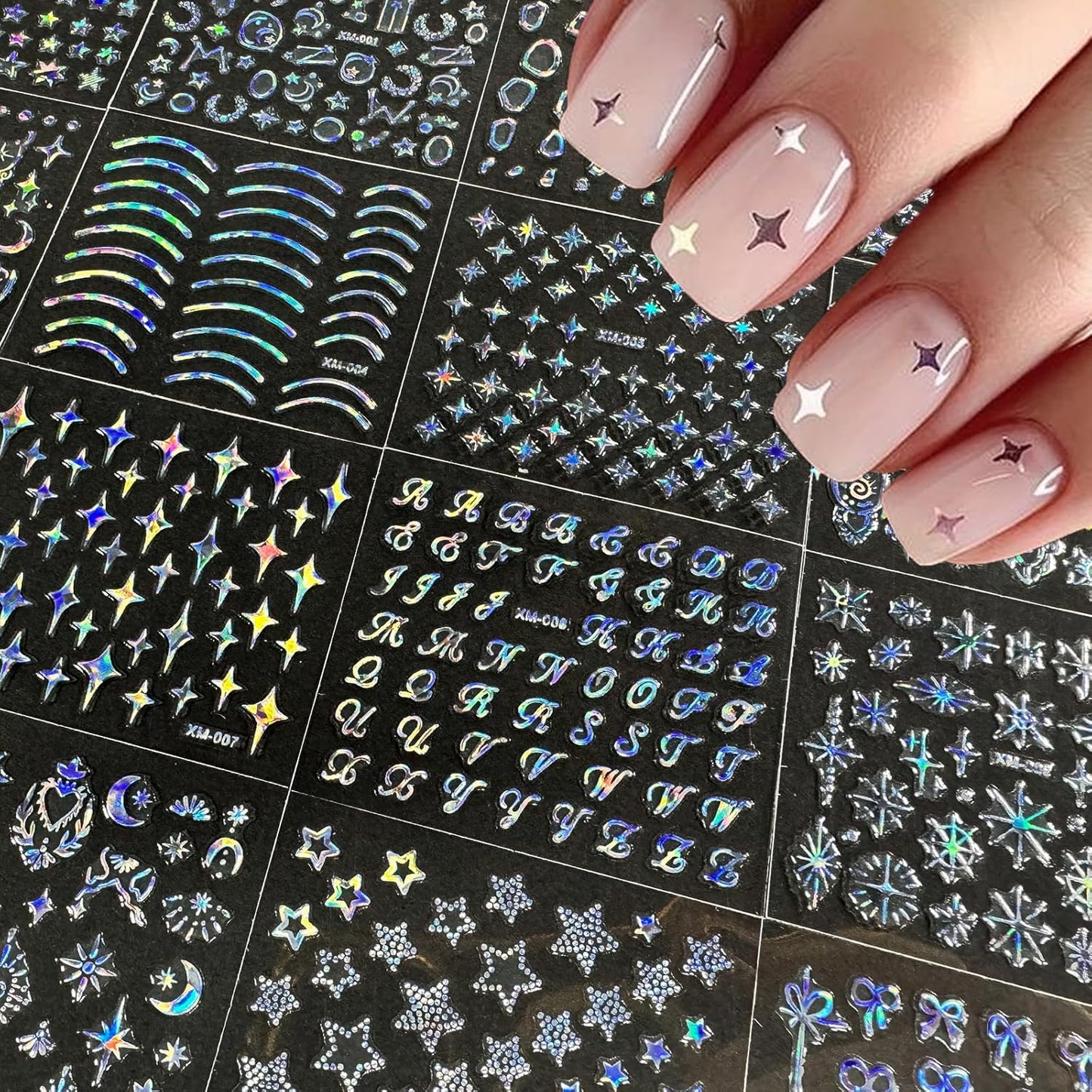 30 Sheets Star Nail Sticker Aurora Nail Art Stickers Moon Bow Heart Letter Design 3D Self-Adhesive Nail Decals for Women Girls DIY Nail Art Decoration