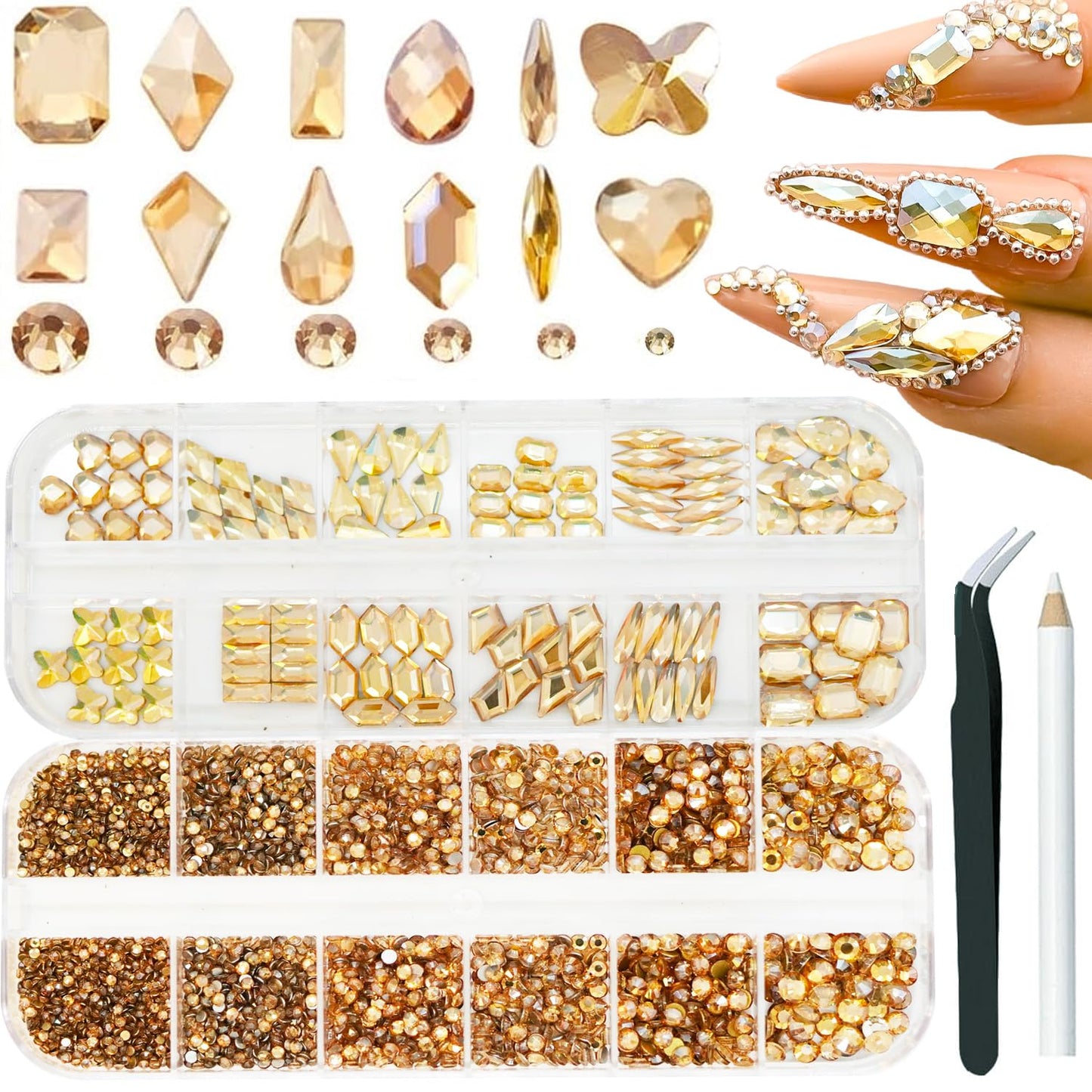 3600Pcs Champagne Gold Nail Rhinestones, MultiShapes Flatback Crystal Gems Stones, 1.5-4mm Half-Round Bedazzling Beads, Glass Diamond Jewels for DIY Nails Bling Decoration