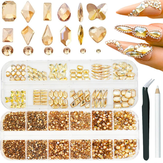 3600Pcs Champagne Gold Nail Rhinestones, MultiShapes Flatback Crystal Gems Stones, 1.5-4mm Half-Round Bedazzling Beads, Glass Diamond Jewels for DIY Nails Bling Decoration