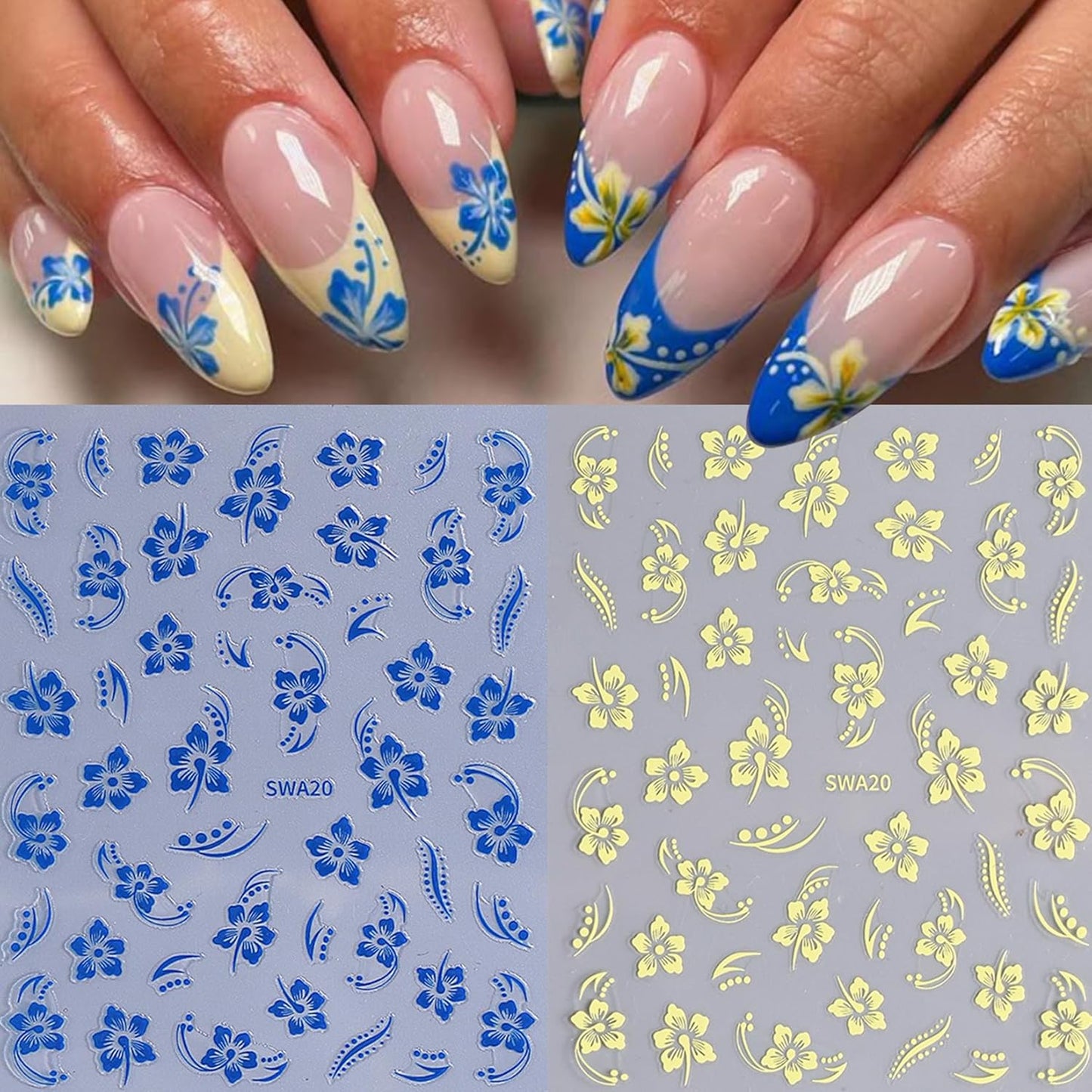 Flower Fall Stickers for Nails 10 PCS Brown Hibiscus Nail Art Decals 3/5D Self-Adhesive Pink Blue White Flowers Stickers Beach Autumn Nail Design DIY Charms Manicure Decoration Nail Supplies