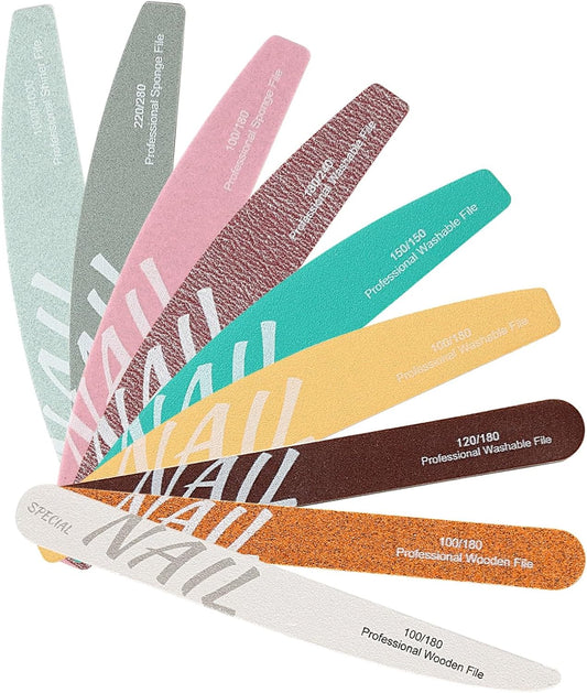 9Pcs Nail Files Buffer Set Double Sided Professional Emery Boards for Natural Acrylic Nails 100/120/150/180/220/240/280/1000/4000 Grit Washable Soft Nail Filer Manicure Tools Home Salon Use