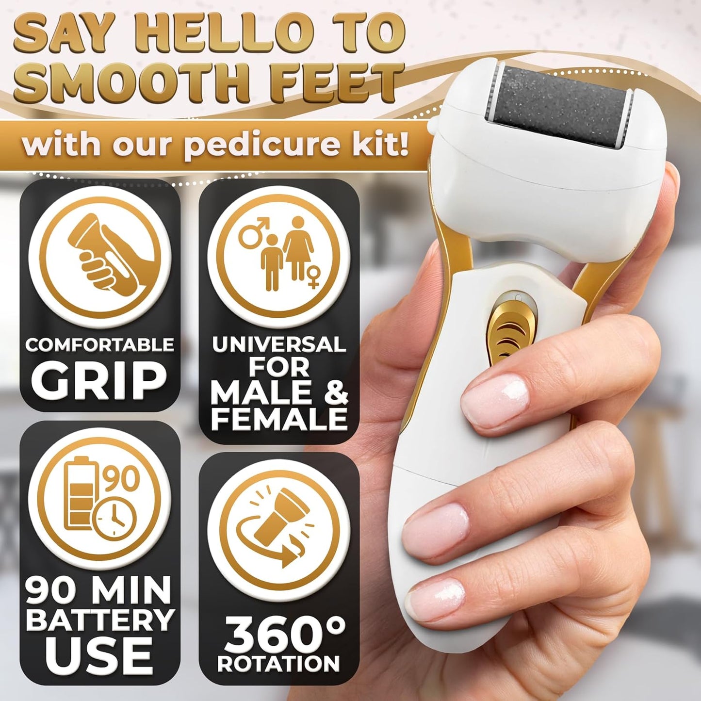 Electric Callus Remover for Feet – 5W Electric Foot Filer, 90-Min Runtime Foot Sander with Fast 2H Charge & 3 Replacement Rollers – Hard Skin Remover for Feet with Ergonomic Handle for Easy Grip