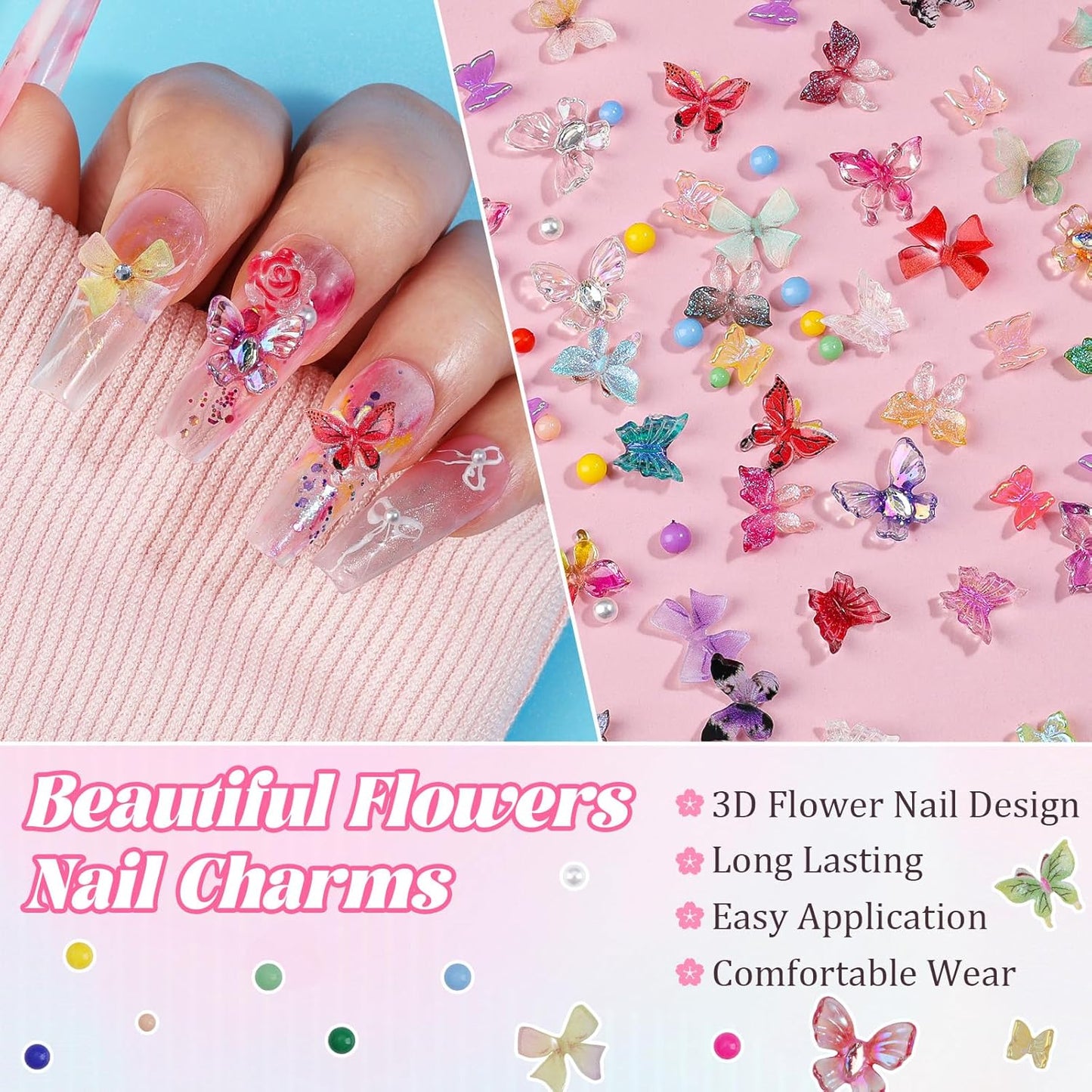 300Pcs Assorted Butterfly Nail Charms Kit, 100Pcs 3D Nail Butterfly Charms and 100Pcs Pearls with 100Pcs Macaron Beads, Colorful Butterflies Tiny Gems Round Beads for Women Manicure Craft DIY