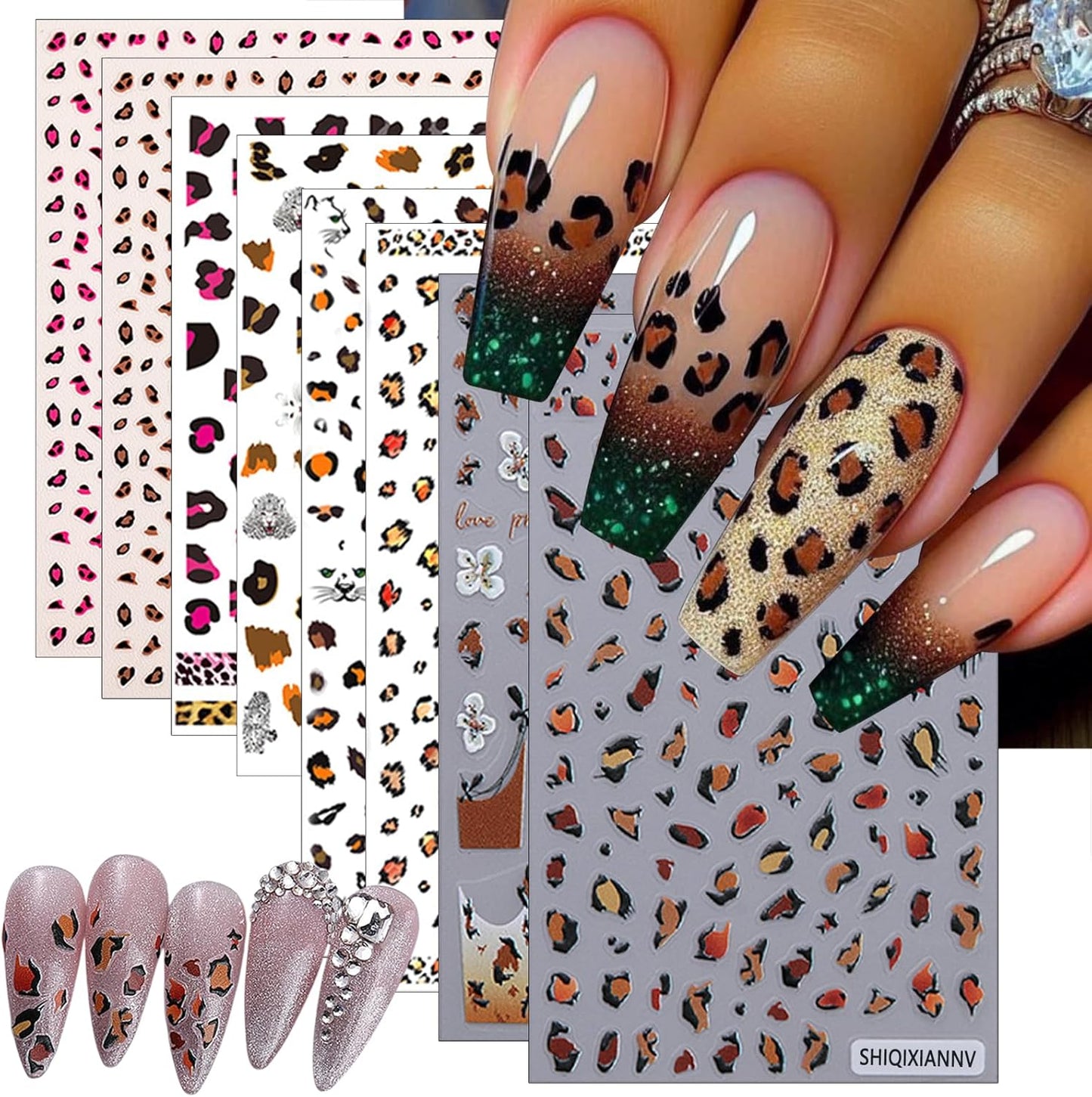 8 Leopard Print Nail Stickers 3D self-Adhesive French Nail Stickers Hibiscus Petal Nail Art Design Suitable for Women and Girls DIY Nail Decoration Supplies