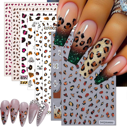 8 Leopard Print Nail Stickers 3D self-Adhesive French Nail Stickers Hibiscus Petal Nail Art Design Suitable for Women and Girls DIY Nail Decoration Supplies