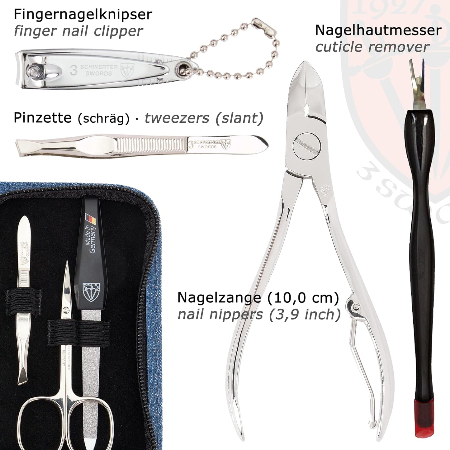 3 Swords Germany - brand quality 6 piece manicure pedicure grooming kit set for nail care with textile case jeans blue Made in Germany
