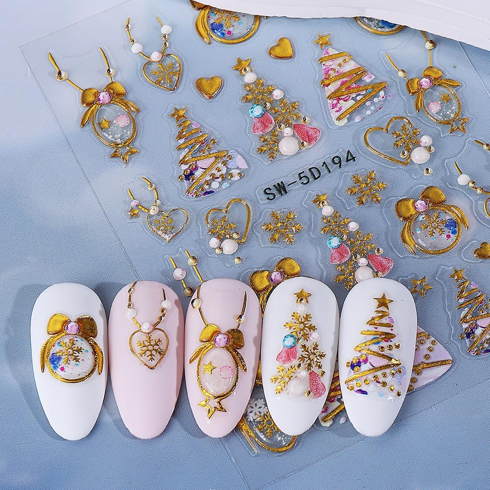 Christmas Nail Stickers 5D Bow Christmas Tree Lantern Ball Nail Art Stickers Winter Embossed Nail Decals Self-Adhesive Xmas Heart Elk Design Sticker Holiday Nail Art Decoration for Women Manicure 3Pcs