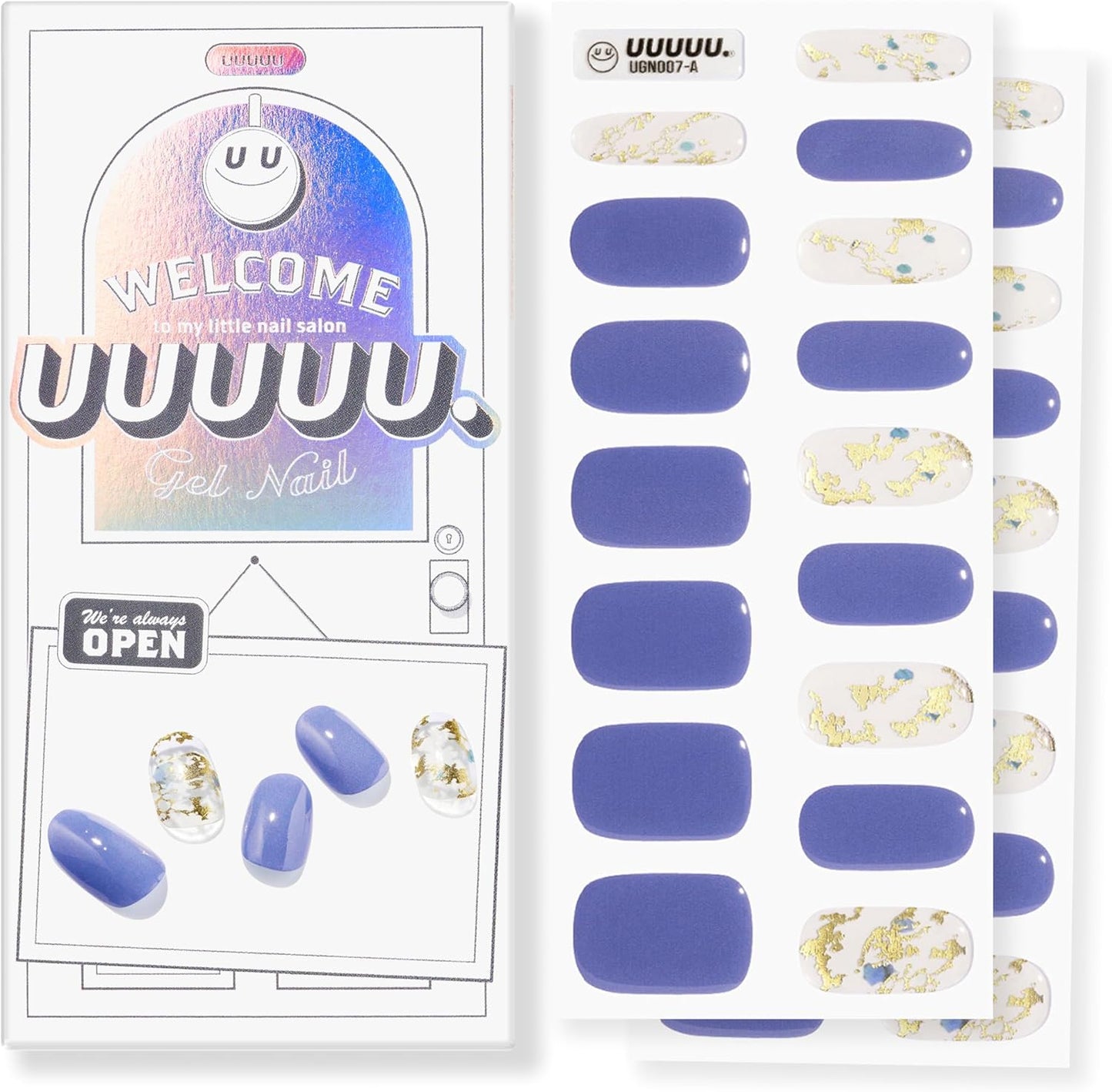 UUUUUU Semi Cured Gel Nail Strips | Salon-Quality | UV Free Gel Nail Wraps for Women | Easy Peel&Stick | Long-Lasting up to 14 Days | 28 Strips Set+File & Wipes | Gift-Ready (Blue Ore)