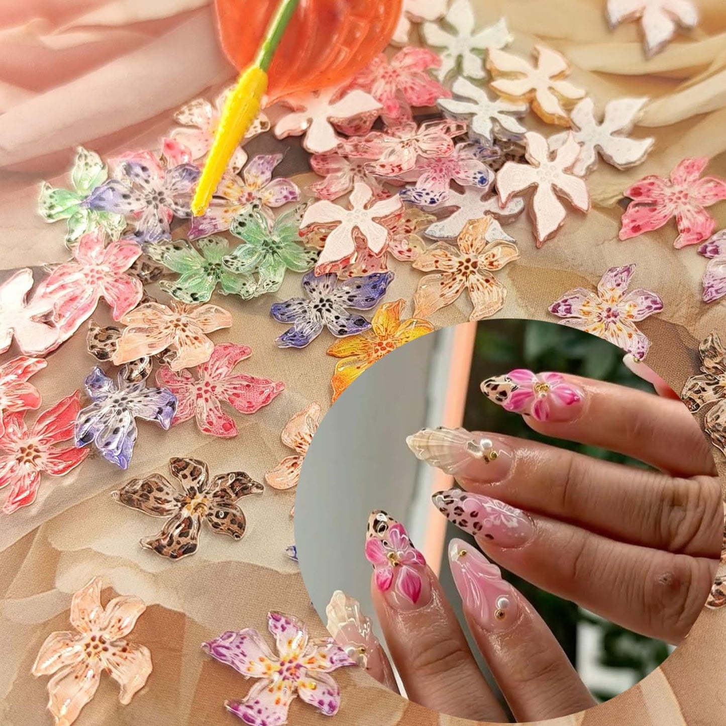 50Pcs 3D Flowers Nail Charm for Nails Flower Resin Nail Rhinestones Spring Hibiscus Floral Nail Art Charm for Acrylic Nails Mixed Colorful Ice Lily Nail Gems Jewelry DIY Summer Manicure Decor Crafts