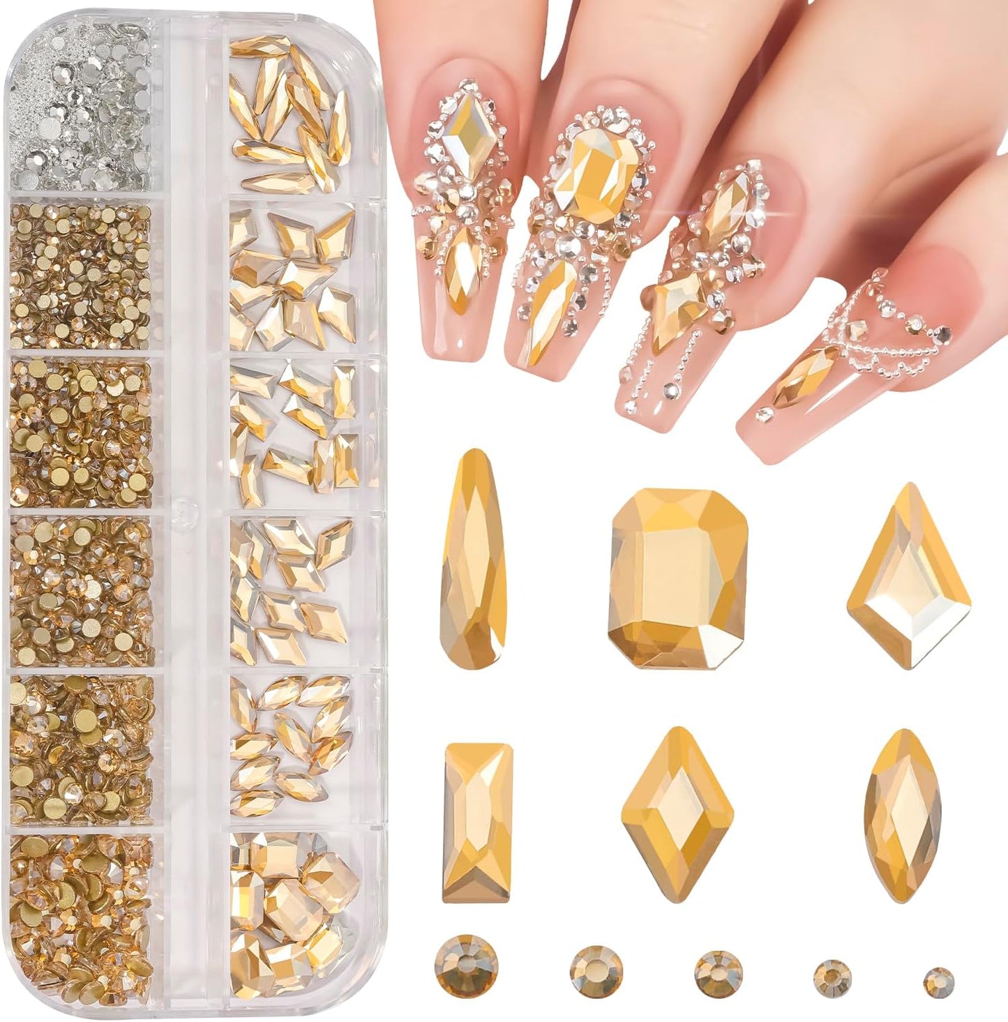 Multi Shapes Champagne Gold 3D Glass Crystal Nail Rhinestones Kit Mix 0.8mm Silver Nail Round Beads Charm Flatback Gems 5 Grids Flatback Rhinestones Stone Diamond for Manicure Makeup DIY Decoration