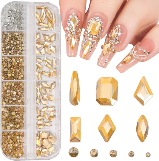 Multi Shapes Champagne Gold 3D Glass Crystal Nail Rhinestones Kit Mix 0.8mm Silver Nail Round Beads Charm Flatback Gems 5 Grids Flatback Rhinestones Stone Diamond for Manicure Makeup DIY Decoration