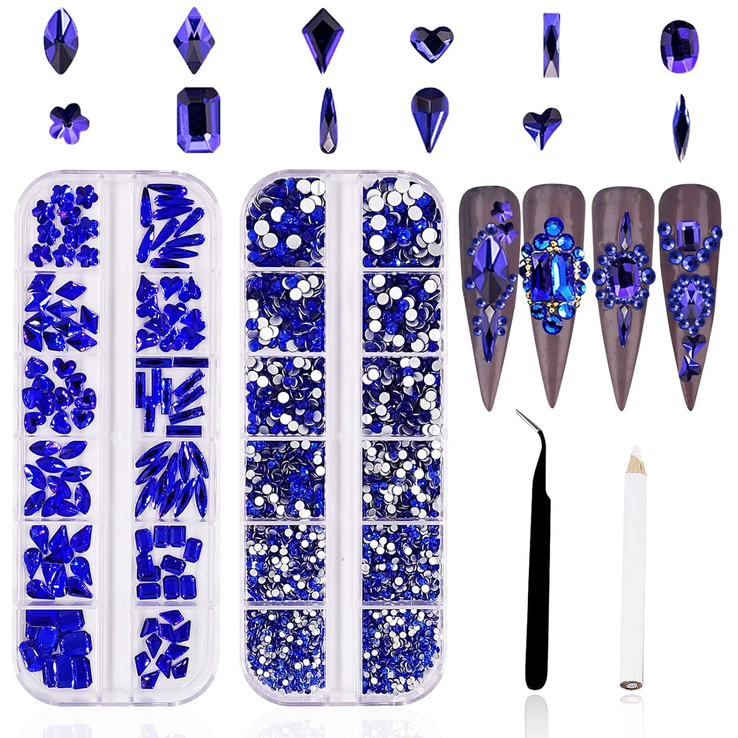 HOINCO Rhinestones, 3120Pcs Sapphire Blue Crystal Glass for Nail Art Craft & DIY, Mix Sizes 12 Shapes with Wax Pen & Tweezers