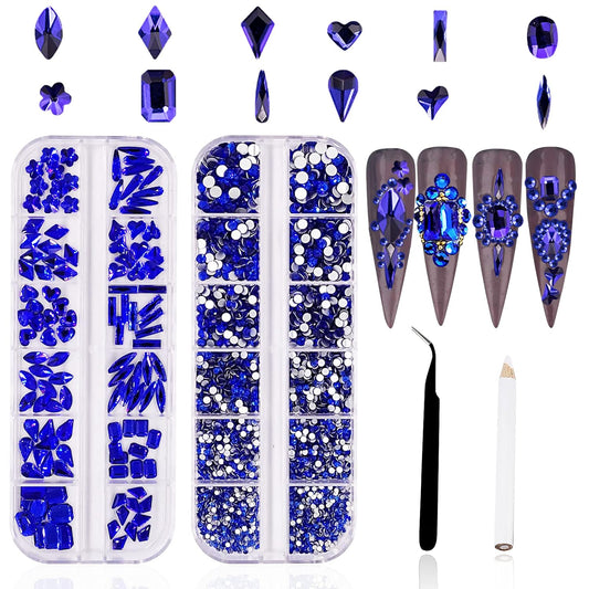 HOINCO Rhinestones, 3120Pcs Sapphire Blue Crystal Glass for Nail Art Craft & DIY, Mix Sizes 12 Shapes with Wax Pen & Tweezers