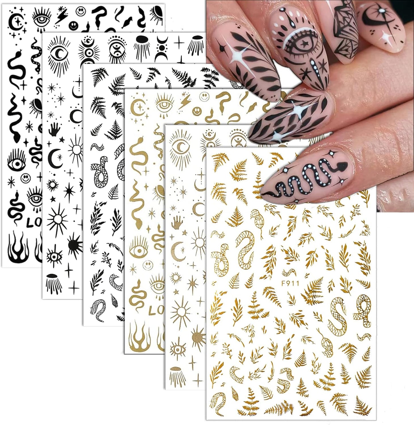 6 Sheet Gold Nail Stickers Black Snake Eyes Leaf Nail Art Stickers 3D Self-Adhesive Bronzing Sun Star Decals Starlight Nail Design Sticker for Acrylic Nail Supplies Women Nail Decorations