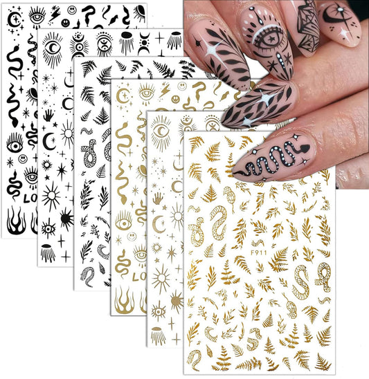 6 Sheet Gold Nail Stickers Black Snake Eyes Leaf Nail Art Stickers 3D Self-Adhesive Bronzing Sun Star Decals Starlight Nail Design Sticker for Acrylic Nail Supplies Women Nail Decorations