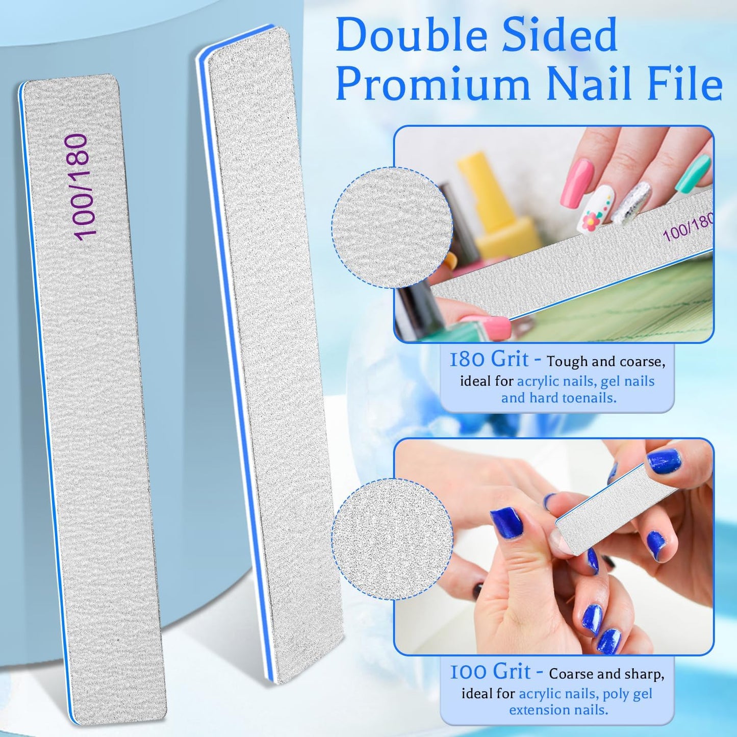 BLESWIN Nail File 100/180 Grit 25 Count, Heavy Duty Nail Files for Acrylic/Natural Nails, Emery Boards for Nails, Strong Finger Nail Filler, Coarse Nail File for Home and Salon Use