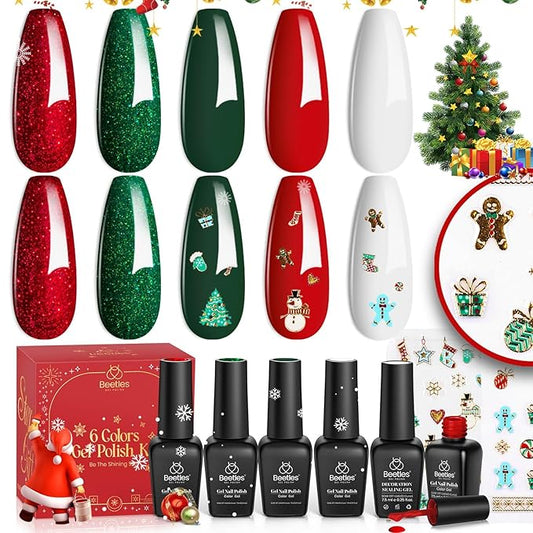 Beetles Green Gel Nail Polish Set, Sparkle Red Green Gel Polish Kit Soak Off UV LED Gel Nail Kit Manicure Gift with Nail Strengthener Gel